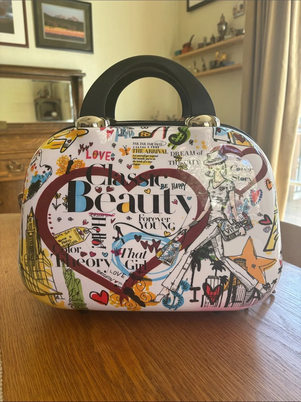 White Graphic Heart Dome Cosmetic Case with Black Handle and Colorful Print